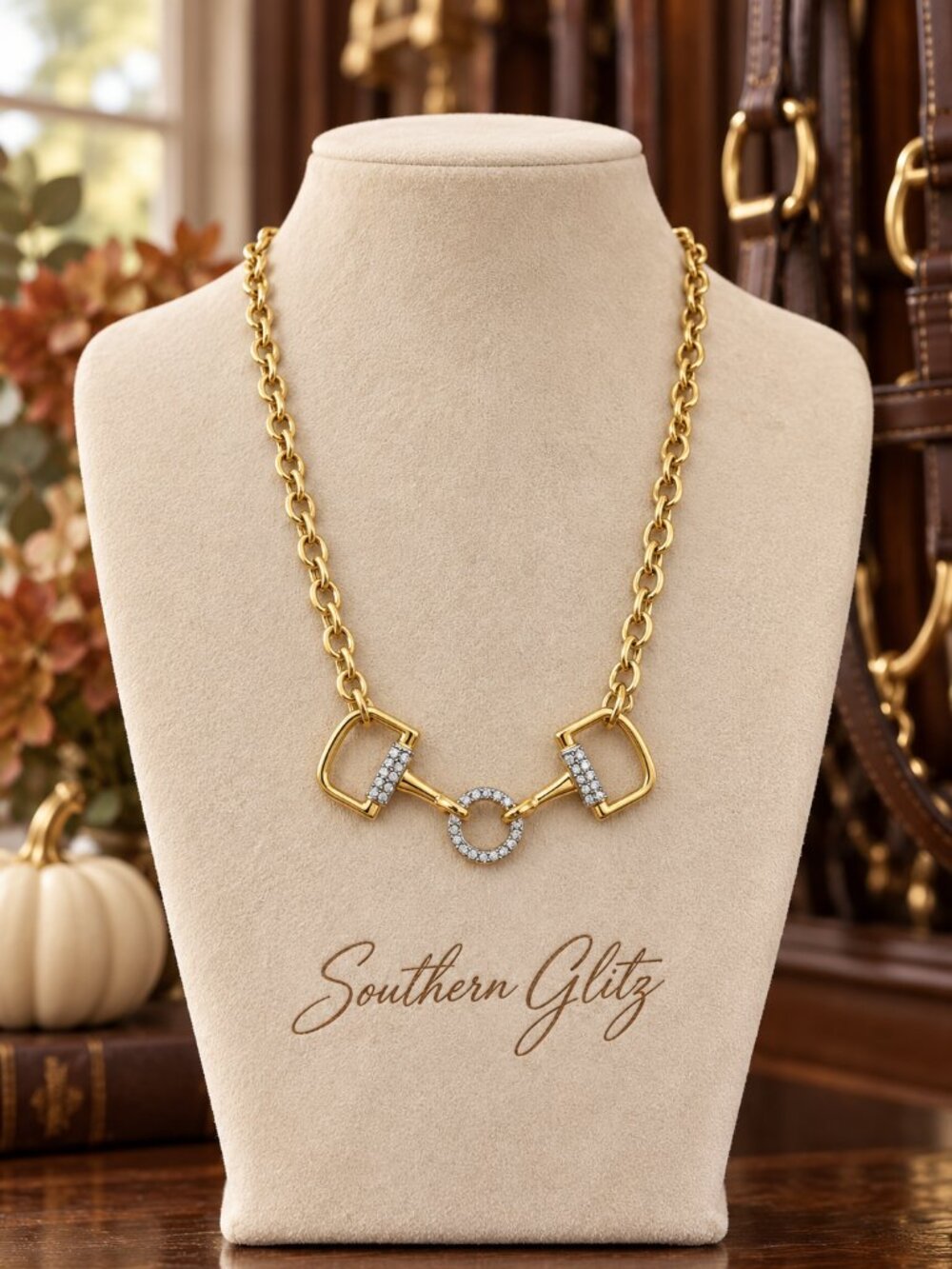 Gold Snaffle Bit Necklace, Equestrian Horse Bit Jewelry, Crystal Accent Horse